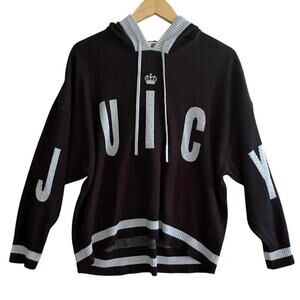 Juicy Couture Spell Out Hooded Sweater Women’s Sz L Black Gray Trim Street Wear
